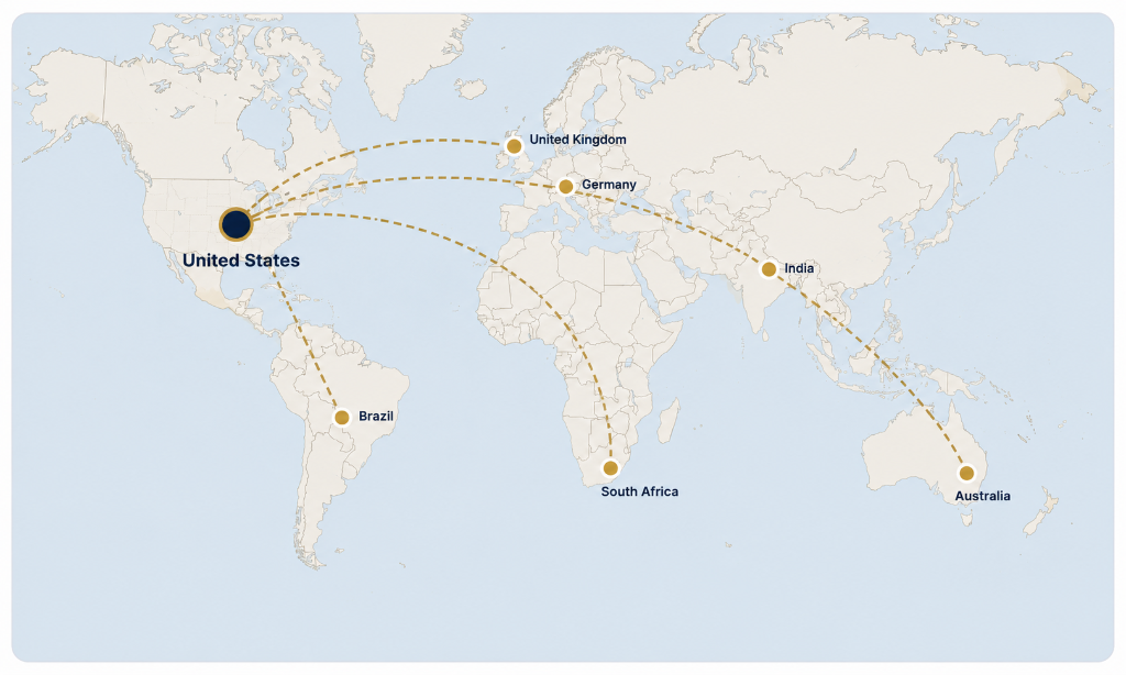 World map showing talent transfers into the United States