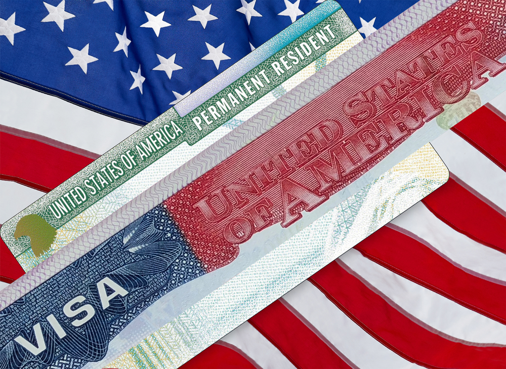 Green card visa on a flag background
